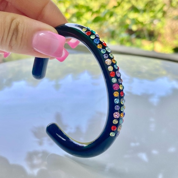 Black Acrylic Cuff Bracelet For Women With Mixed Swarovski Crystals by Lara Glam - Picture 6 of 13